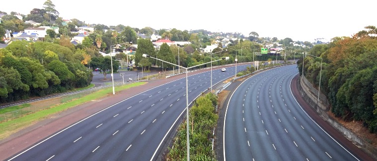 Empty Auckland motorway at 8:30 AM on Monday 30 March 2020 during Covid-19 Level 4 lockdown.
